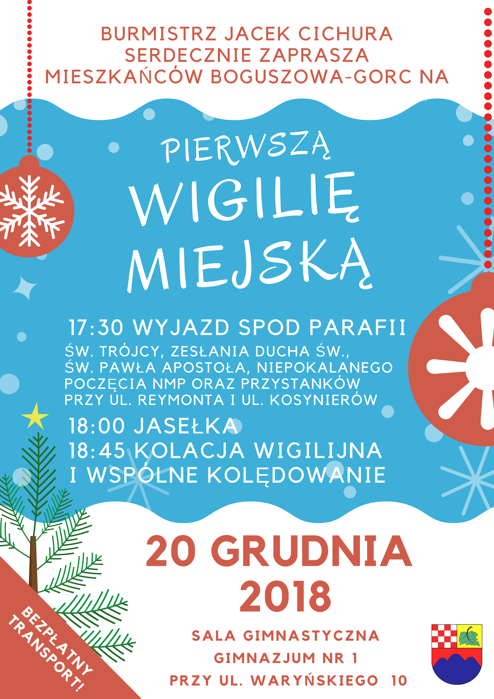 Plakat zapraszający na wigilię miejską w Boguszowie-Gorcach